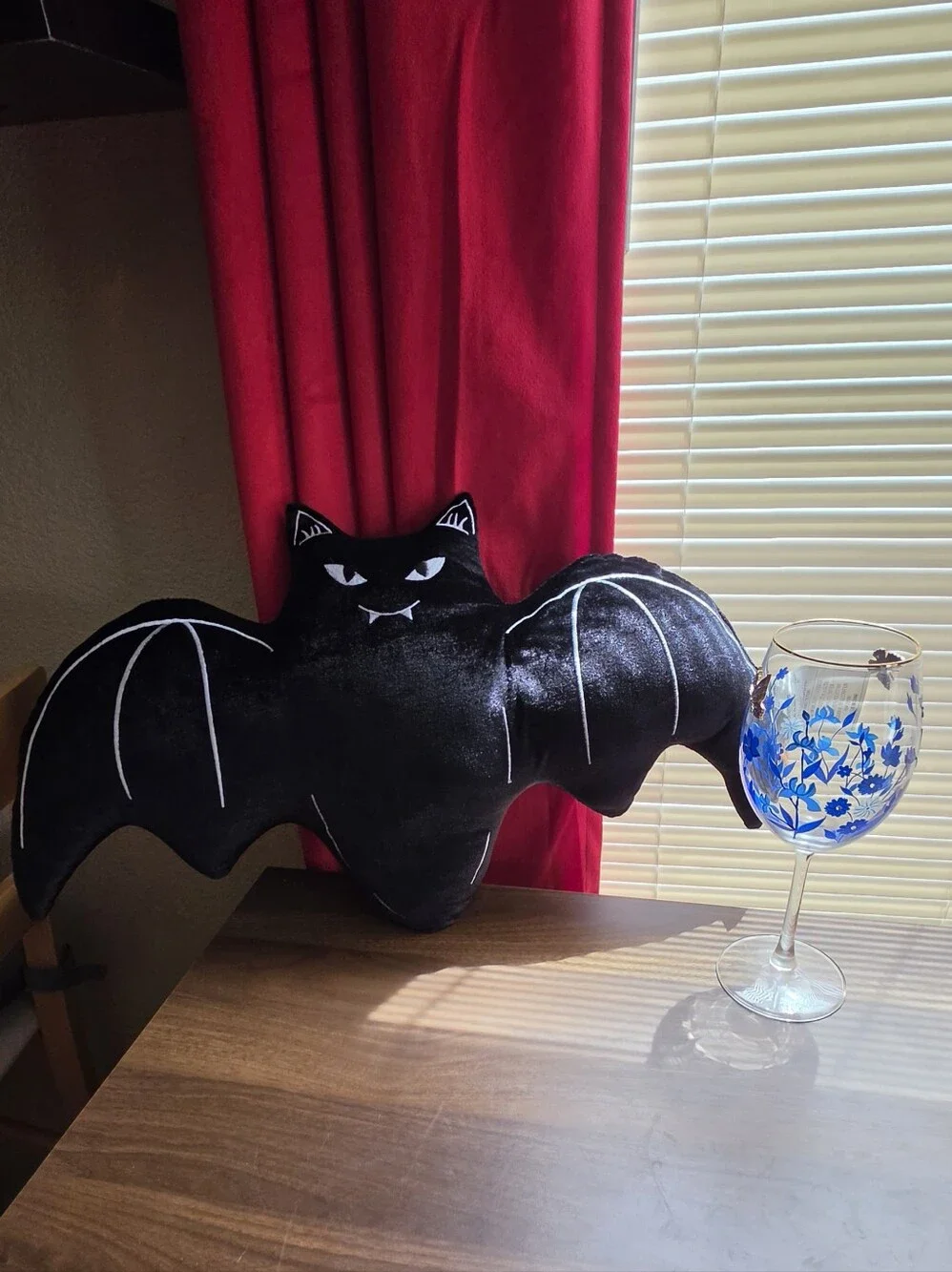 Black Bat Shaped Plush Pillow with Embroidered White Accents